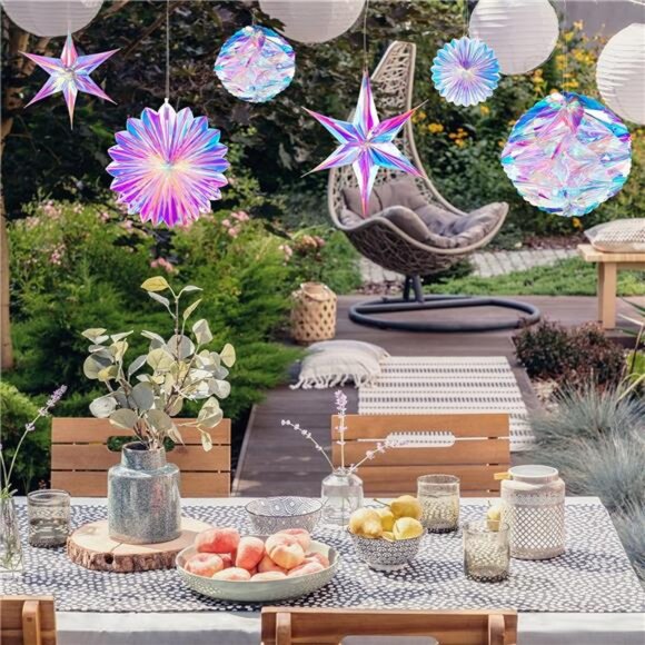 Iridescent Party Decorations 29 PCS Hanging Honeycomb Paper Fans Swirls Birthday - Picture 2 of 7